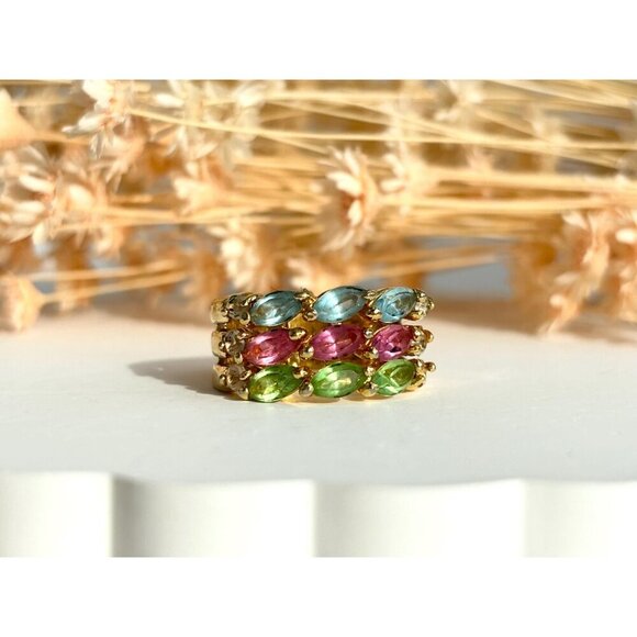 18k Gold HGE Multi Gemstone Triple Row Cocktail Vintage Ring - sz 6 - Picture 8 of 10